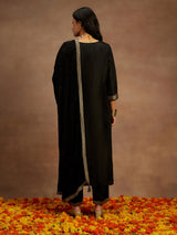 Women's Black Silk Blend Woven Design Straight Kurta and Viscose Rayon Solid Trouser with Chiffon Dupatta