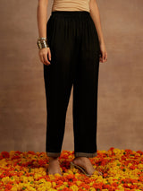 Women's Black Silk Blend Woven Design Straight Kurta and Viscose Rayon Solid Trouser with Chiffon Dupatta