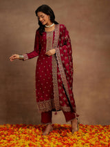 Women's Red Silk Blend Embroidered Straight Kurta and Viscose Rayon Solid Trouser & Silk Blend Dupatta