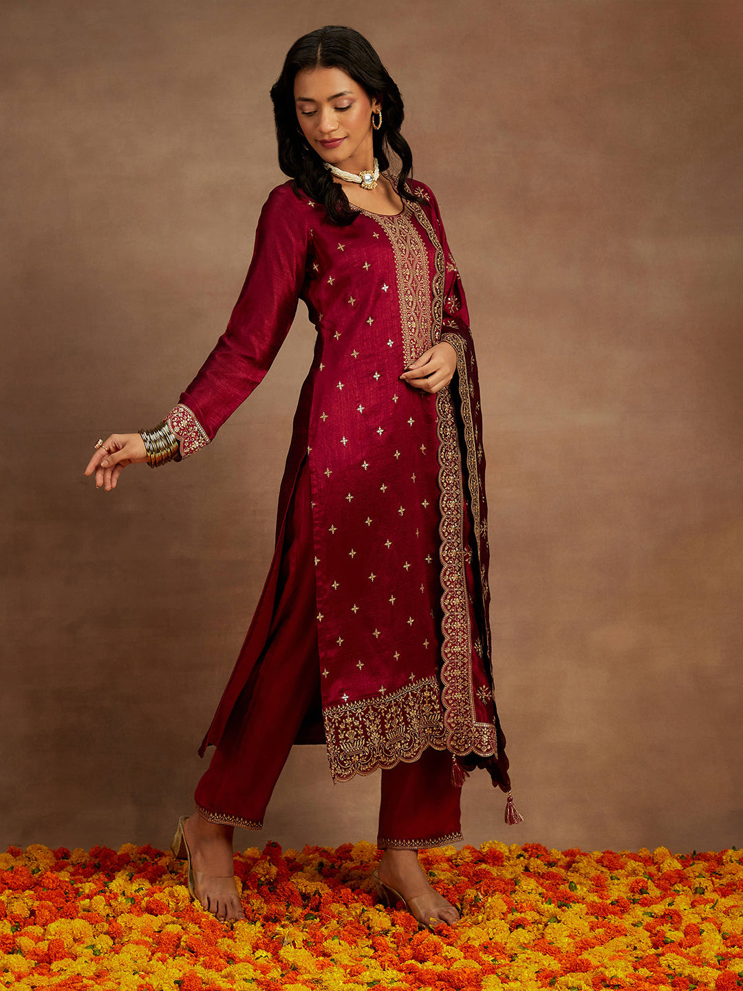 Women's Red Silk Blend Embroidered Straight Kurta and Viscose Rayon Solid Trouser & Silk Blend Dupatta