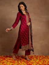 Women's Red Silk Blend Embroidered Straight Kurta and Viscose Rayon Solid Trouser & Silk Blend Dupatta