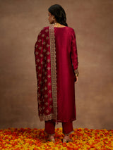 Women's Red Silk Blend Embroidered Straight Kurta and Viscose Rayon Solid Trouser & Silk Blend Dupatta