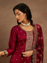 Women's Red Silk Blend Embroidered Straight Kurta and Viscose Rayon Solid Trouser & Silk Blend Dupatta