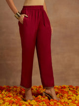Women's Red Silk Blend Embroidered Straight Kurta and Viscose Rayon Solid Trouser & Silk Blend Dupatta
