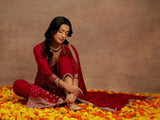 Women's Pink Silk Blend Woven Design Straight Kurta and Viscose Rayon Solid Trouser with Chiffon Dupatta