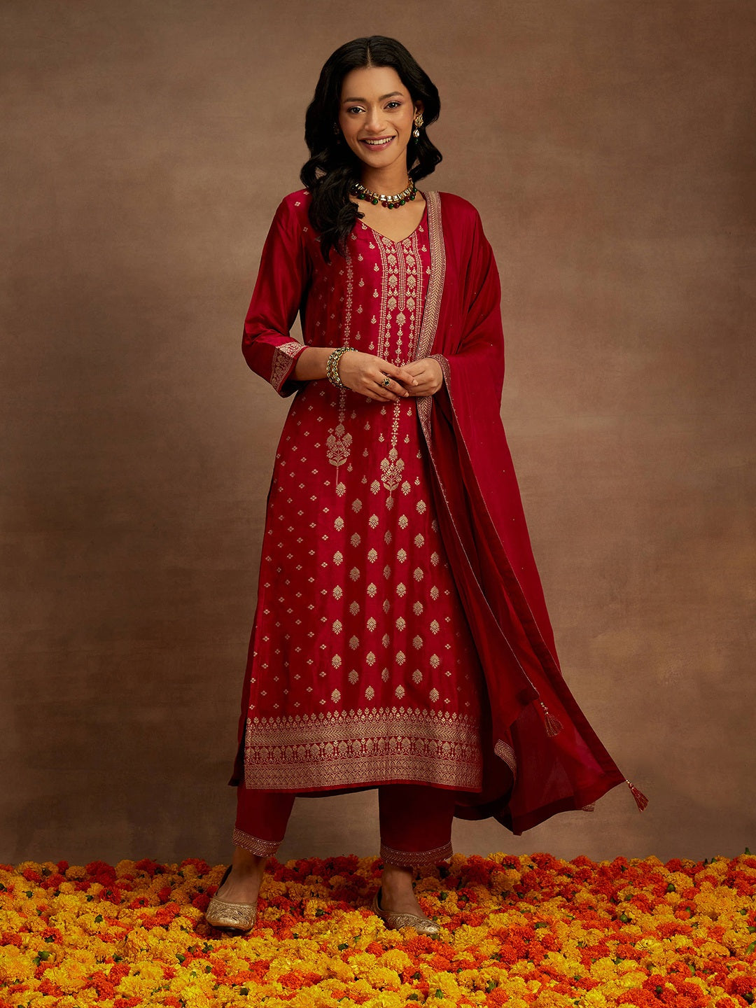 Women's Pink Silk Blend Woven Design Straight Kurta and Viscose Rayon Solid Trouser with Chiffon Dupatta