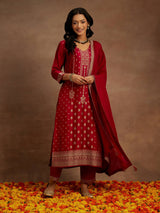 Women's Pink Silk Blend Woven Design Straight Kurta and Viscose Rayon Solid Trouser with Chiffon Dupatta