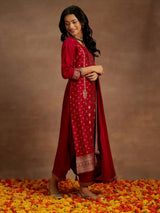 Women's Pink Silk Blend Woven Design Straight Kurta and Viscose Rayon Solid Trouser with Chiffon Dupatta