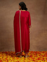 Women's Pink Silk Blend Woven Design Straight Kurta and Viscose Rayon Solid Trouser with Chiffon Dupatta