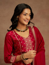 Women's Pink Silk Blend Woven Design Straight Kurta and Viscose Rayon Solid Trouser with Chiffon Dupatta
