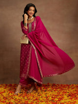Women's Red Silk Blend Printed Straight Kurta and Viscose Rayon Solid Trouser with Chiffon Dupatta