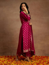 Women's Red Silk Blend Printed Straight Kurta and Viscose Rayon Solid Trouser with Chiffon Dupatta