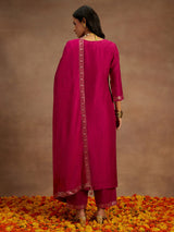 Women's Red Silk Blend Printed Straight Kurta and Viscose Rayon Solid Trouser with Chiffon Dupatta