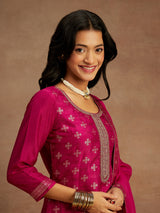 Women's Red Silk Blend Printed Straight Kurta and Viscose Rayon Solid Trouser with Chiffon Dupatta