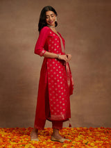 Women's Hot Pink Silk Blend Printed Straight Kurta and Viscose Rayon Solid Trouser with Chiffon Dupatta