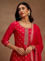 Women's Hot Pink Silk Blend Printed Straight Kurta and Viscose Rayon Solid Trouser with Chiffon Dupatta