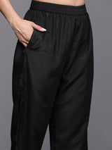 Women's Black Georgette Embroidered Straight Kurta and Silk Blend Solid Trouser with Georgette Dupatta