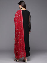 Women's Black Georgette Embroidered Straight Kurta and Silk Blend Solid Trouser with Georgette Dupatta