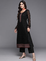 Women's Black Georgette Embroidered Straight Kurta and Silk Blend Solid Trouser with Georgette Dupatta