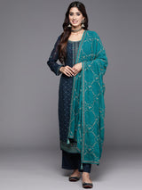 Women's Navy Georgette Embroidered Straight Kurta and Silk Blend Solid Trouser with Georgette Dupatta