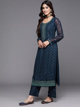 Women's Navy Georgette Embroidered Straight Kurta and Silk Blend Solid Trouser with Georgette Dupatta