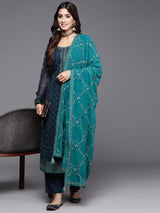 Women's Navy Georgette Embroidered Straight Kurta and Silk Blend Solid Trouser with Georgette Dupatta