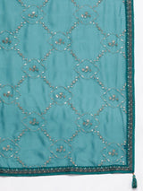 Women's Navy Georgette Embroidered Straight Kurta and Silk Blend Solid Trouser with Georgette Dupatta