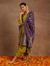 Women's Green Pure Silk Self Design Straight Kurta & Pure Silk Solid Trousers & Purple Self Design Dupatta