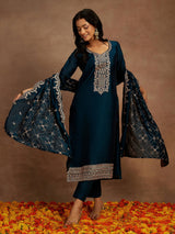 Women's Blue Silk Blend Yoke Design Kurta with Silk Blend Trouser and Blue Embroidered Silk Blend Dupatta