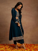 Women's Blue Silk Blend Yoke Design Kurta with Silk Blend Trouser and Blue Embroidered Silk Blend Dupatta