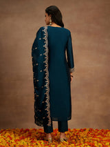 Women's Blue Silk Blend Yoke Design Kurta with Silk Blend Trouser and Blue Embroidered Silk Blend Dupatta