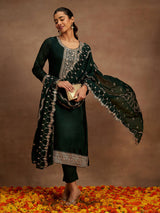Women's Bottle Green Silk Blend Yoke Design Kurta with Silk Blend Trouser and Embroidered Silk Blend Dupatta