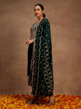 Women's Bottle Green Silk Blend Yoke Design Kurta with Silk Blend Trouser and Embroidered Silk Blend Dupatta