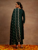 Women's Bottle Green Silk Blend Yoke Design Kurta with Silk Blend Trouser and Embroidered Silk Blend Dupatta