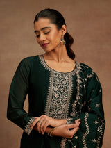 Women's Bottle Green Silk Blend Yoke Design Kurta with Silk Blend Trouser and Embroidered Silk Blend Dupatta