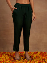Women's Bottle Green Silk Blend Yoke Design Kurta with Silk Blend Trouser and Embroidered Silk Blend Dupatta