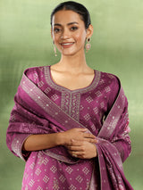 Women's Magenta Bandhani Printed and Woven Design Kurta With Trouser and Dupatta