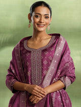 Women's Magenta Bandhani Printed and Woven Design Kurta With Trouser and Dupatta