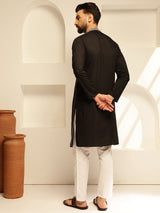 Men's Black Cotton Silk Long Kurta with Elegant Neck Embroidery