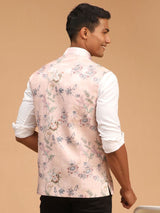 Men's Peach Muslin Floral Printed Full Sleeves Nehru Jacket