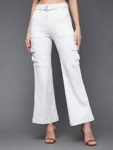 Women's White Wide Leg High Rise Clean Look Regular Stretchable Denim Jeans