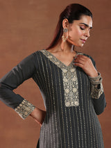 Women's Grey Floral Zari Embroidered Kurta With Lining & Trouser With Dupatta