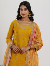 Women's Mustard Floral Zari Embroidered Kurta With Wide Leg Palazzo and Dupatta