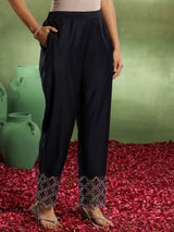 Women's Navy Solid Embellished Panelled Kurta With Hem Trouser and Dupatta