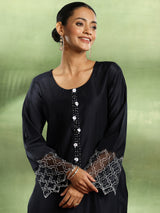 Women's Navy Solid Embellished Panelled Kurta With Hem Trouser and Dupatta