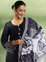 Women's Navy Solid Embellished Panelled Kurta With Hem Trouser and Dupatta