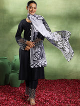 Women's Navy Solid Embellished Panelled Kurta With Hem Trouser and Dupatta
