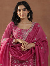 Women's Pink Floral Embroidered Straight Kurta With Palazzos and Dupatta