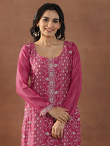Women's Pink Floral Embroidered Straight Kurta With Palazzos and Dupatta