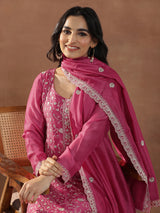 Women's Pink Floral Embroidered Straight Kurta With Palazzos and Dupatta